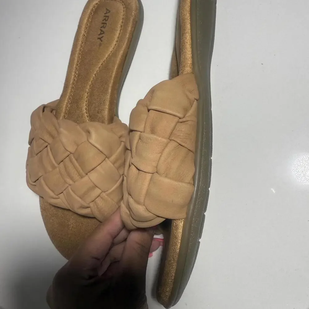 Array Tan suede flat sandals with braided strap and‎ cushioned footbed